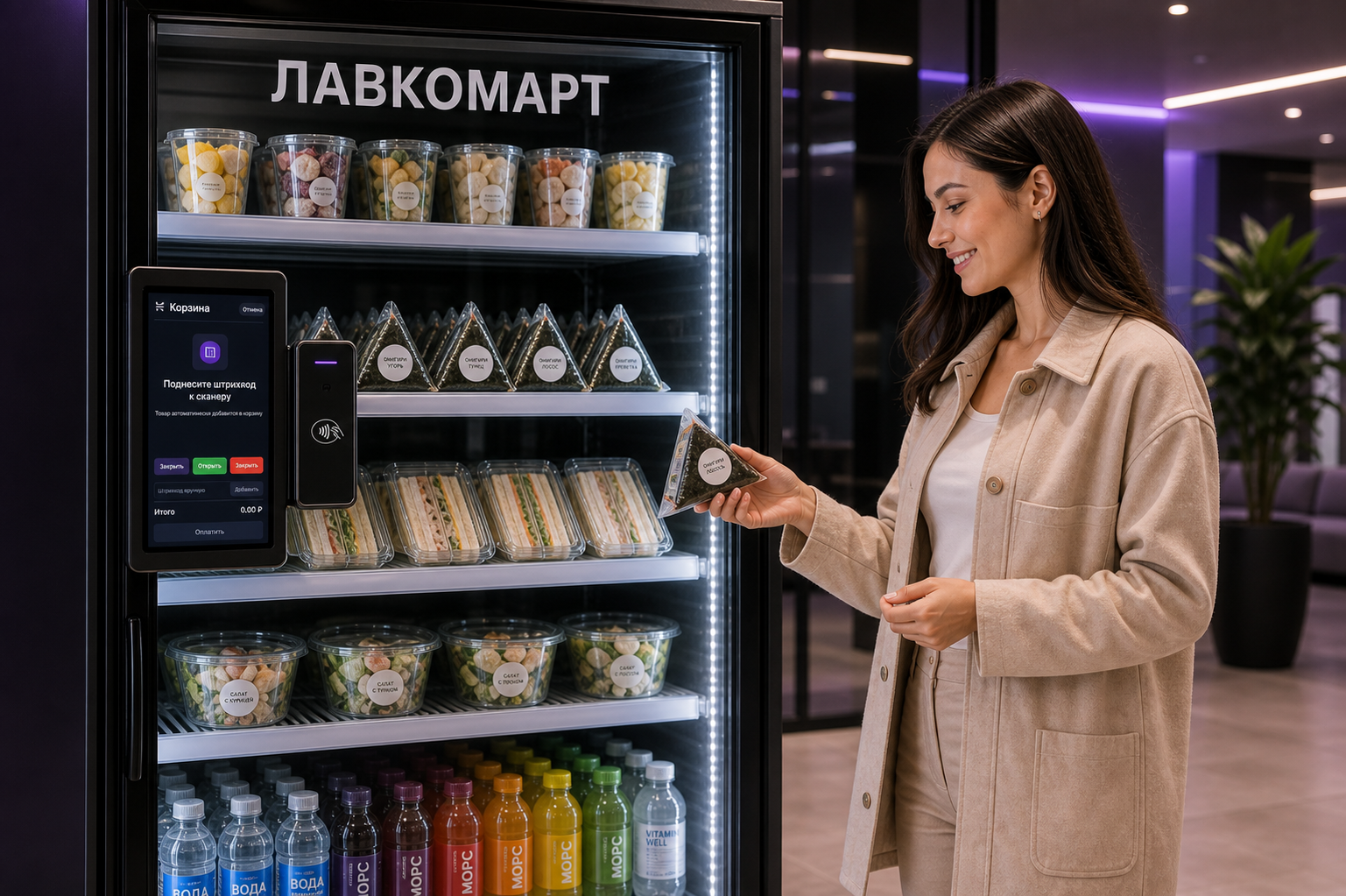 Покупательница выбирает онигири в автономном микромаркете ЛавкоМарт со встроенным терминалом обслуживания